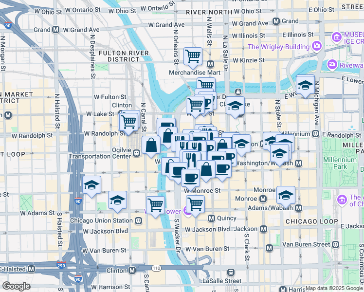 map of restaurants, bars, coffee shops, grocery stores, and more near 101 North Upper Wacker Drive in Chicago