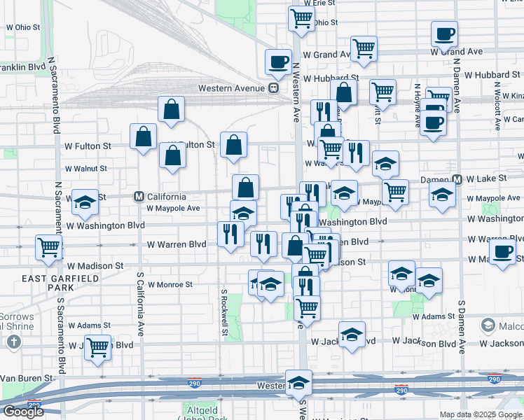 map of restaurants, bars, coffee shops, grocery stores, and more near 2500 West Washington Boulevard in Chicago