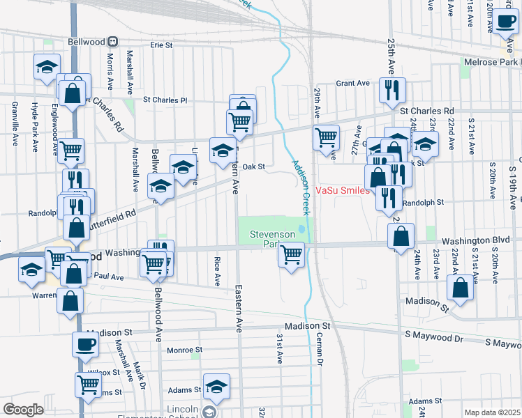 map of restaurants, bars, coffee shops, grocery stores, and more near 3201 Randolph Street in Bellwood