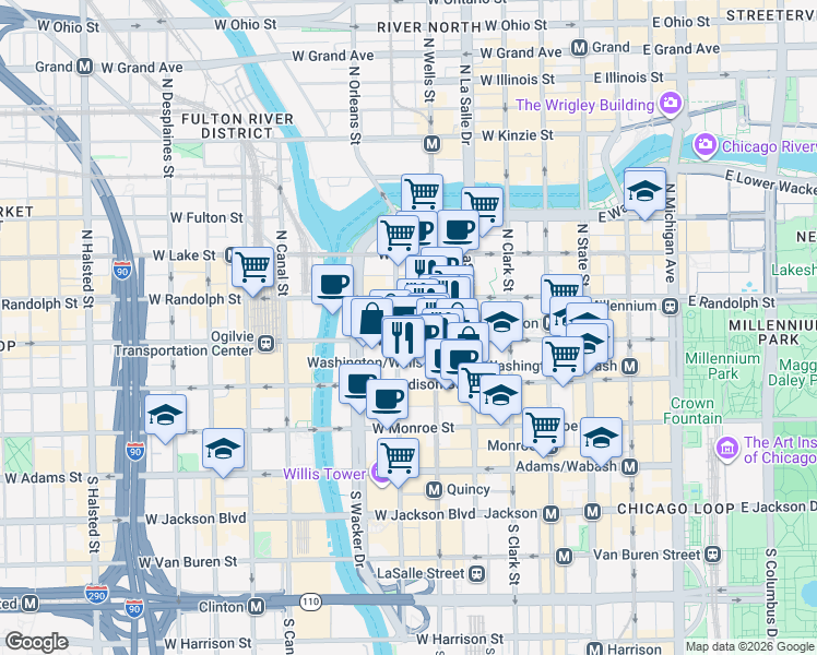 map of restaurants, bars, coffee shops, grocery stores, and more near in Chicago