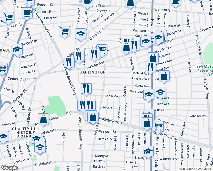 map of restaurants, bars, coffee shops, grocery stores, and more near 28 Elizabeth Street in Pawtucket