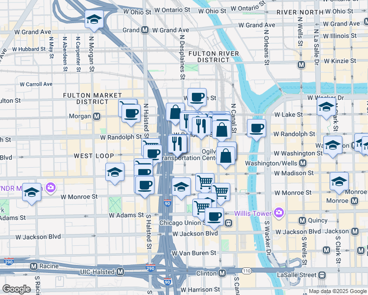map of restaurants, bars, coffee shops, grocery stores, and more near 630 West Washington Boulevard in Chicago