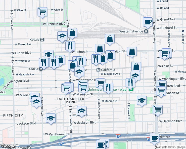 map of restaurants, bars, coffee shops, grocery stores, and more near 2826 West Washington Boulevard in Chicago