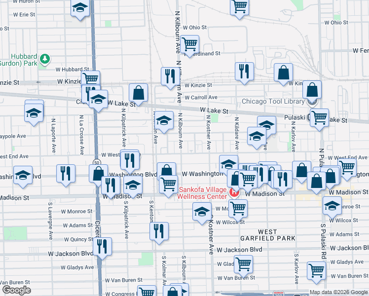 map of restaurants, bars, coffee shops, grocery stores, and more near 4555 West West End Avenue in Chicago