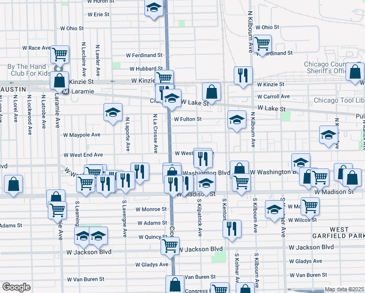 map of restaurants, bars, coffee shops, grocery stores, and more near 4727 West West End Avenue in Chicago