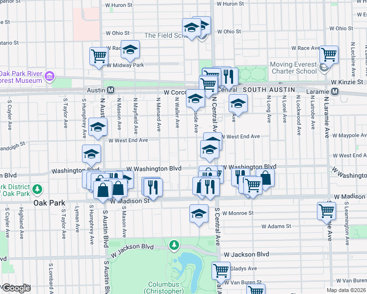 map of restaurants, bars, coffee shops, grocery stores, and more near 125 North Waller Avenue in Chicago