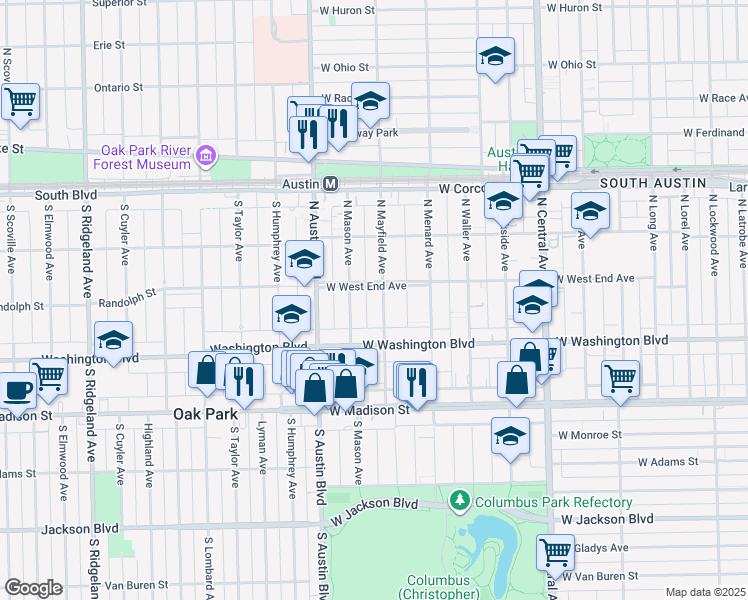 map of restaurants, bars, coffee shops, grocery stores, and more near 128 North Mayfield Avenue in Chicago