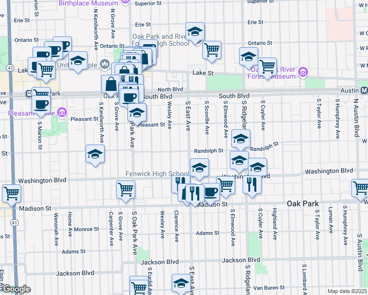 map of restaurants, bars, coffee shops, grocery stores, and more near 300 Wesley Avenue in Oak Park