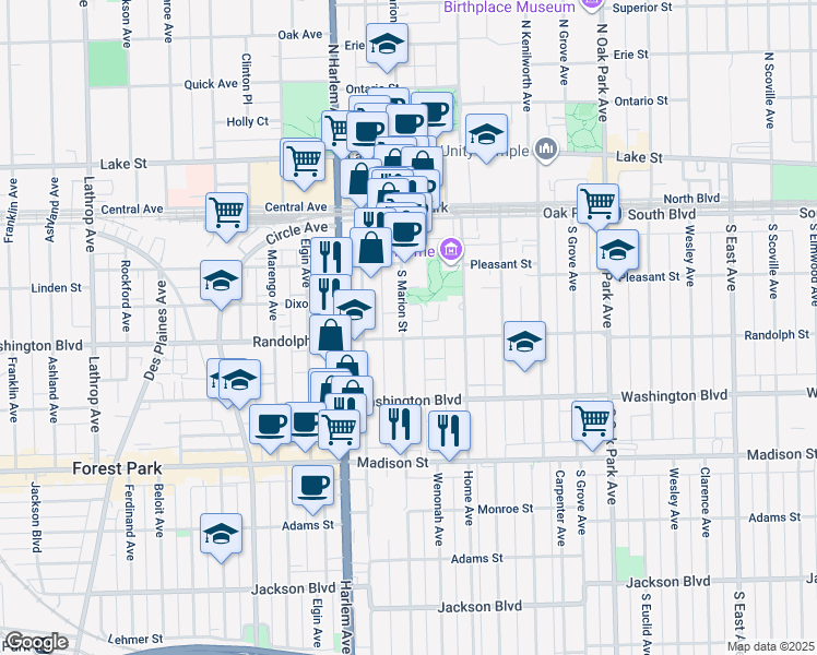map of restaurants, bars, coffee shops, grocery stores, and more near in Oak Park