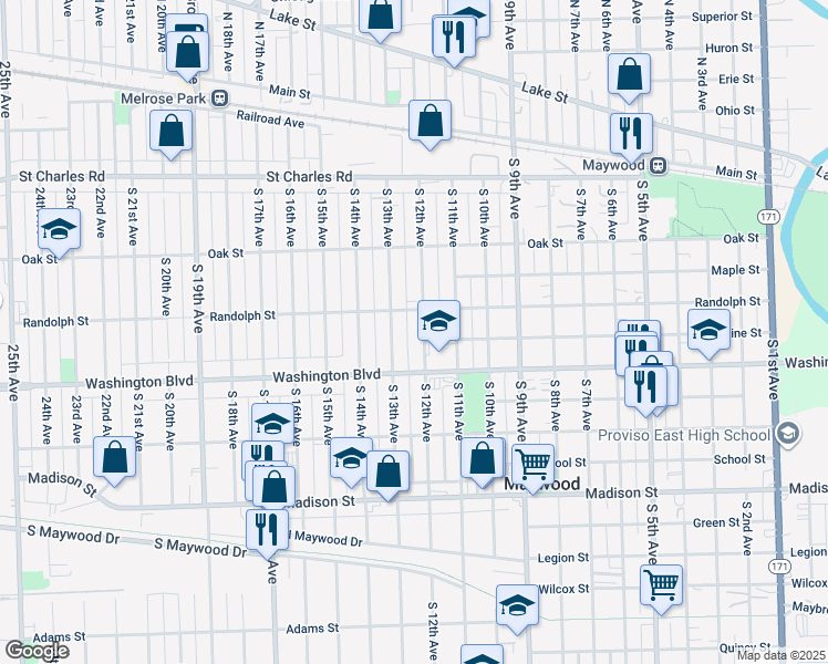 map of restaurants, bars, coffee shops, grocery stores, and more near 429 South 12th Avenue in Maywood