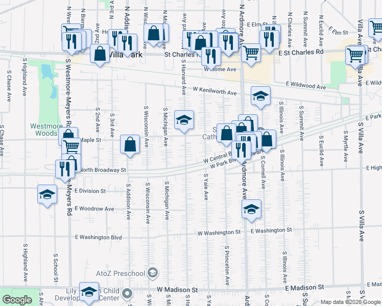 map of restaurants, bars, coffee shops, grocery stores, and more near 348 South Harvard Avenue in Villa Park