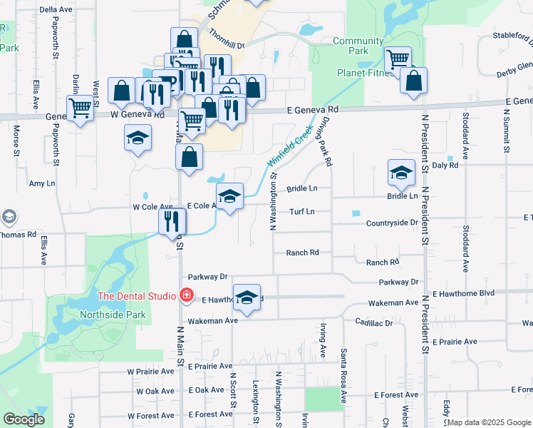 map of restaurants, bars, coffee shops, grocery stores, and more near 405 Countryside Drive in Wheaton