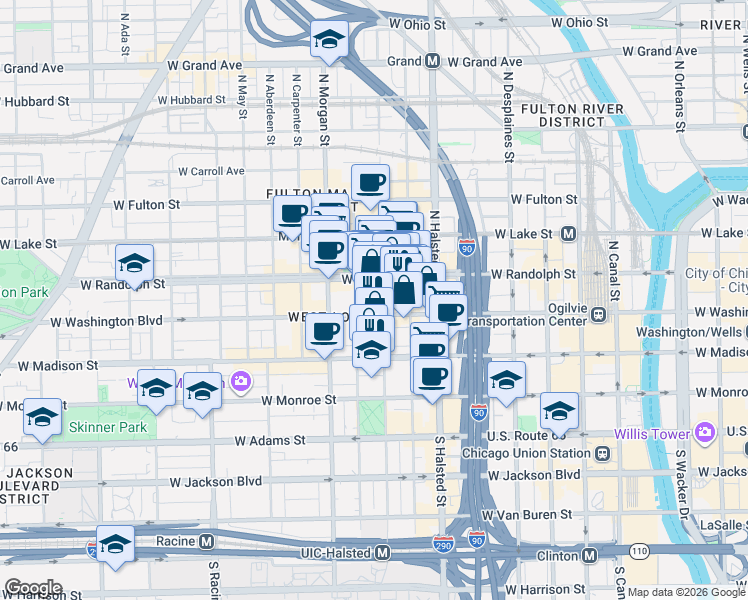 map of restaurants, bars, coffee shops, grocery stores, and more near 855 West Washington Boulevard in Chicago