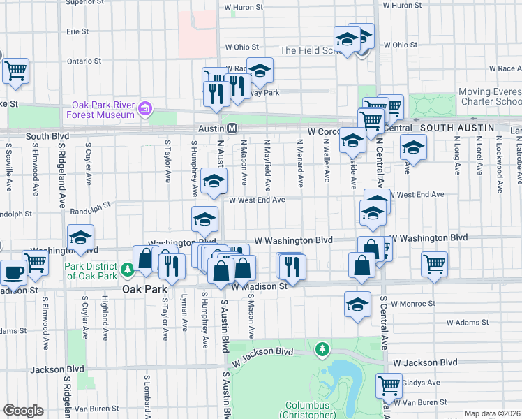 map of restaurants, bars, coffee shops, grocery stores, and more near 148 North Mayfield Avenue in Chicago