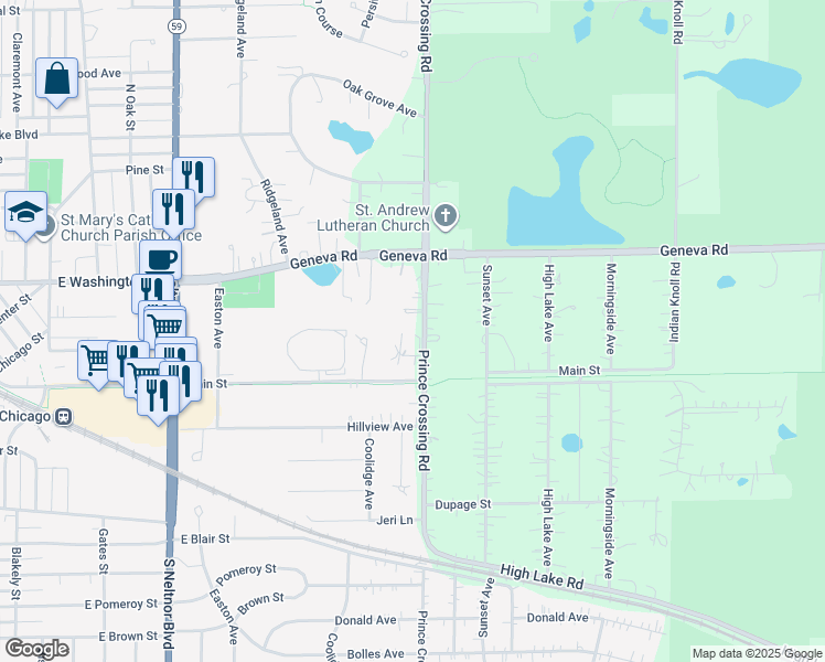 map of restaurants, bars, coffee shops, grocery stores, and more near N660 Prince Crossing Road in West Chicago
