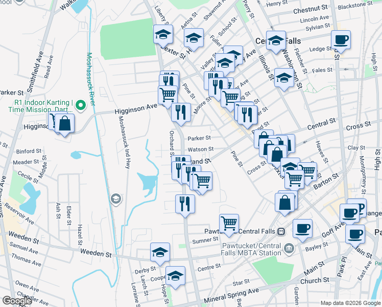 map of restaurants, bars, coffee shops, grocery stores, and more near 70 Watson Street in Central Falls