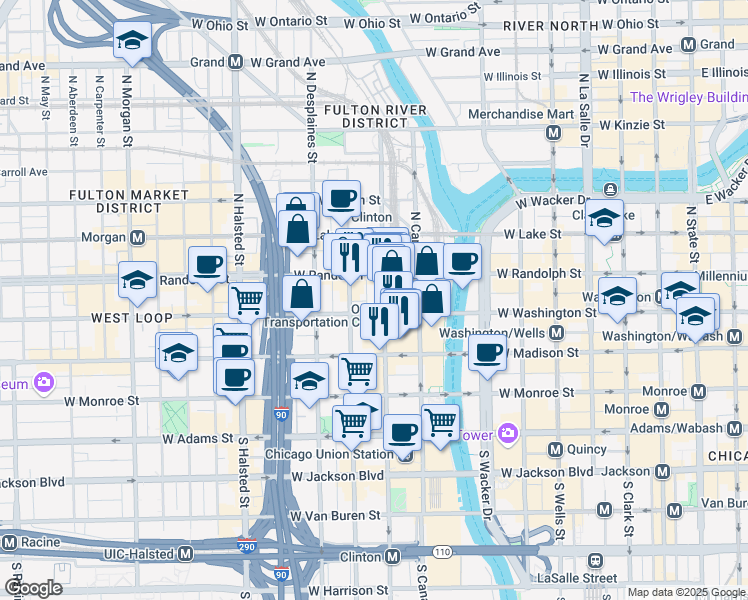 map of restaurants, bars, coffee shops, grocery stores, and more near 550 West Washington Boulevard in Chicago