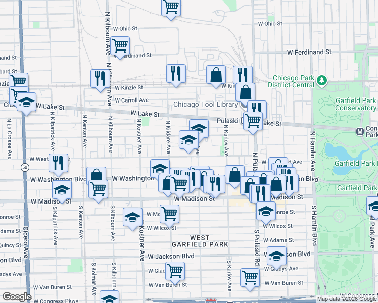 map of restaurants, bars, coffee shops, grocery stores, and more near 4216 West West End Avenue in Chicago