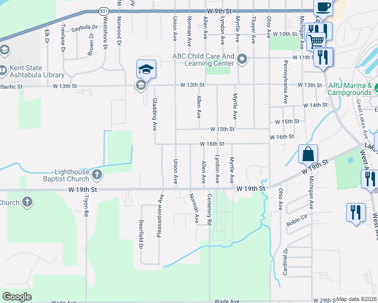 map of restaurants, bars, coffee shops, grocery stores, and more near 1702 Union Avenue in Ashtabula