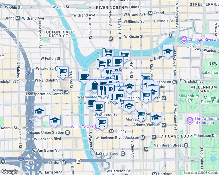 map of restaurants, bars, coffee shops, grocery stores, and more near 208 West Washington Street in Chicago