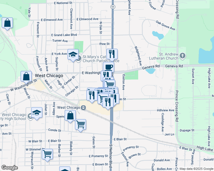 map of restaurants, bars, coffee shops, grocery stores, and more near 511 Colford Avenue in West Chicago