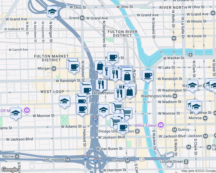 map of restaurants, bars, coffee shops, grocery stores, and more near 630 West Washington Boulevard in Chicago