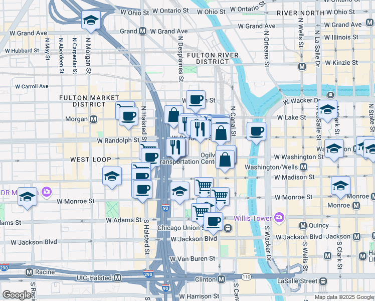 map of restaurants, bars, coffee shops, grocery stores, and more near 123 North Des Plaines Street in Chicago