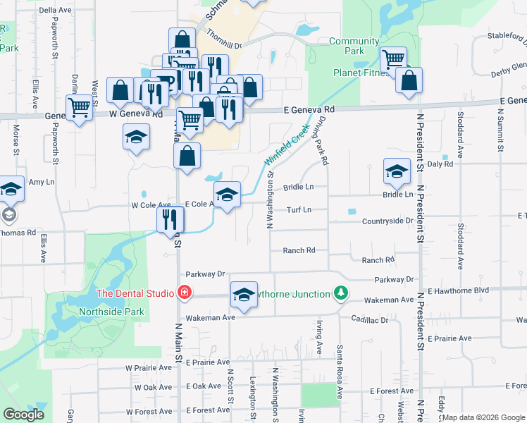 map of restaurants, bars, coffee shops, grocery stores, and more near 405 Countryside Drive in Wheaton
