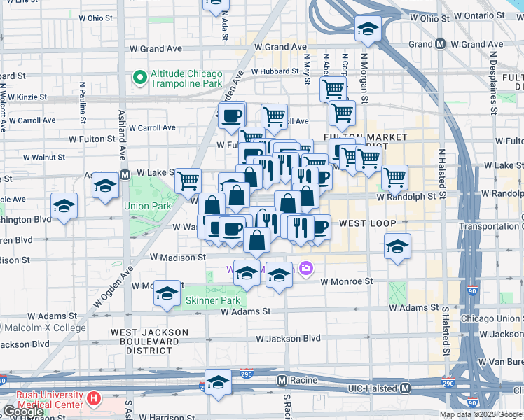 map of restaurants, bars, coffee shops, grocery stores, and more near 1243 West Washington Boulevard in Chicago