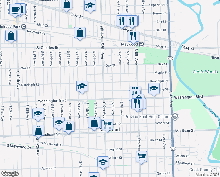 map of restaurants, bars, coffee shops, grocery stores, and more near 508 South 8th Avenue in Maywood