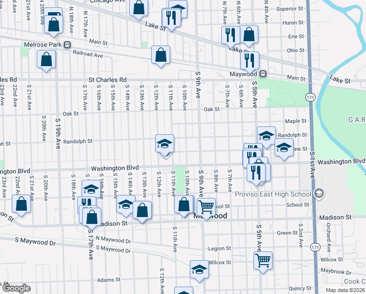 map of restaurants, bars, coffee shops, grocery stores, and more near 414 South 10th Avenue in Maywood