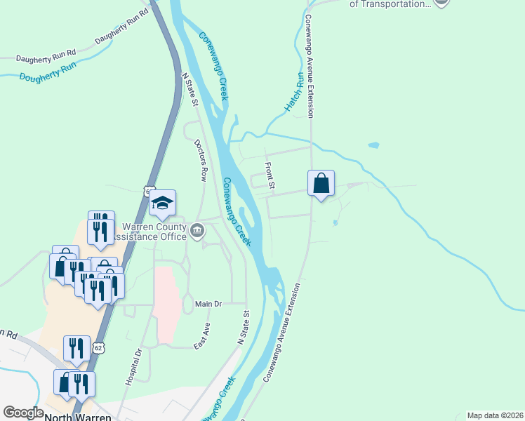 map of restaurants, bars, coffee shops, grocery stores, and more near 33 Front Street in Warren
