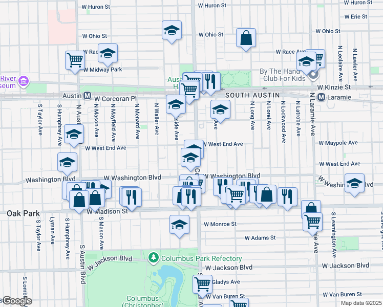 map of restaurants, bars, coffee shops, grocery stores, and more near 146 North Central Avenue in Chicago