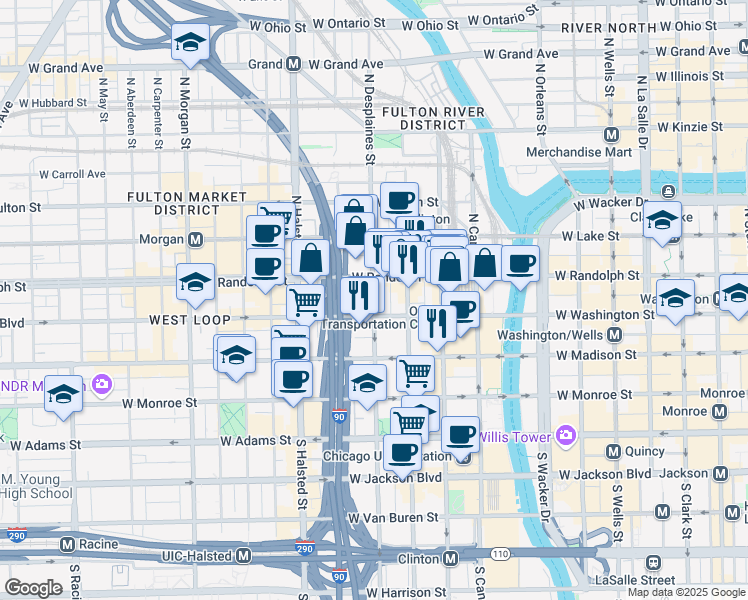map of restaurants, bars, coffee shops, grocery stores, and more near 122 North Desplaines Street in Chicago
