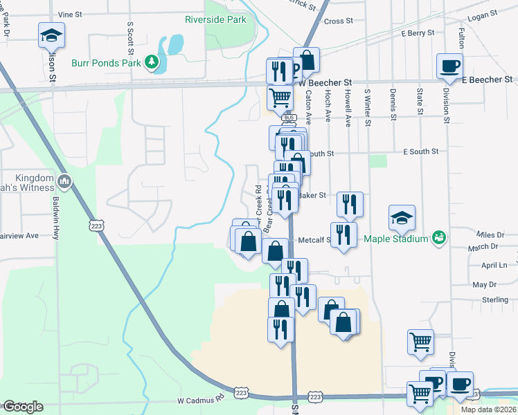 map of restaurants, bars, coffee shops, grocery stores, and more near Cedar Creek Road in Adrian