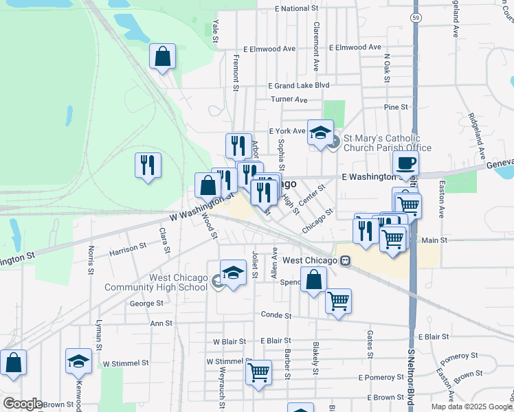 map of restaurants, bars, coffee shops, grocery stores, and more near 132 Main Street in West Chicago