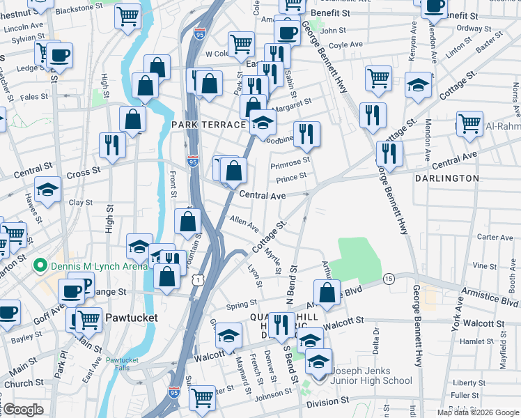 map of restaurants, bars, coffee shops, grocery stores, and more near 10 Greene Street in Pawtucket