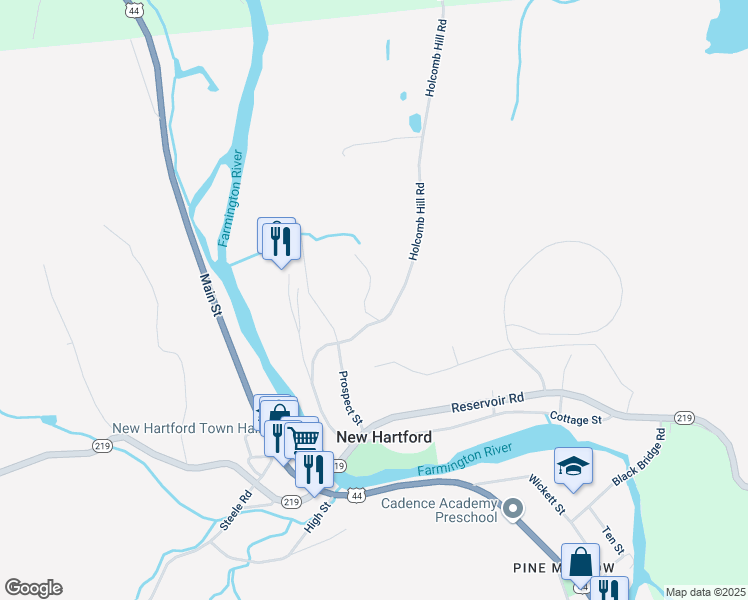 map of restaurants, bars, coffee shops, grocery stores, and more near 90 Holcomb Hill Road in New Hartford