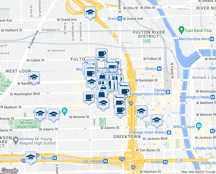 map of restaurants, bars, coffee shops, grocery stores, and more near 855 West Washington Boulevard in Chicago