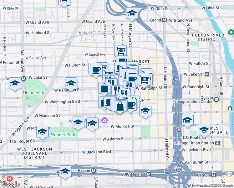 map of restaurants, bars, coffee shops, grocery stores, and more near 111 North Aberdeen Street in Chicago
