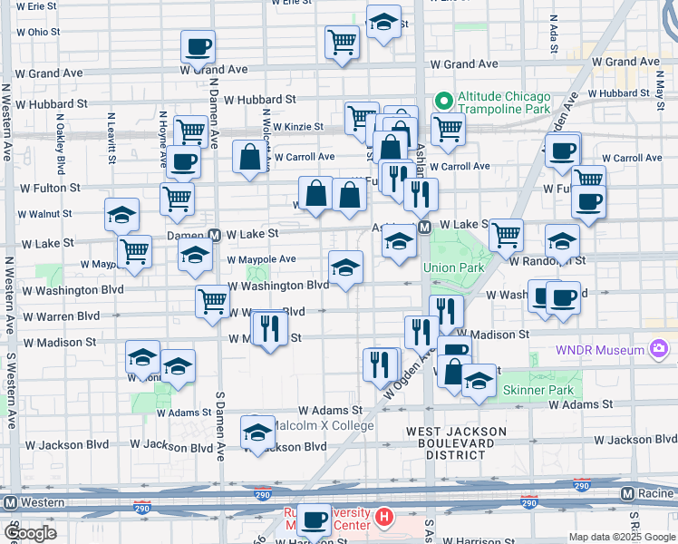 map of restaurants, bars, coffee shops, grocery stores, and more near 1721 West Washington Boulevard in Chicago