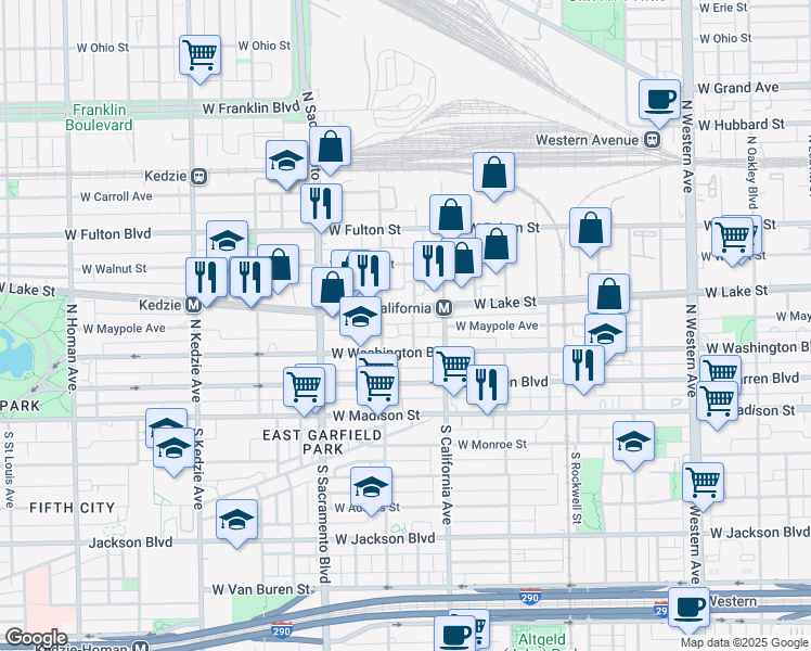 map of restaurants, bars, coffee shops, grocery stores, and more near 2826 West Washington Boulevard in Chicago