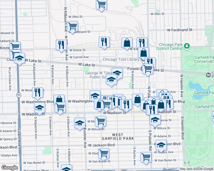 map of restaurants, bars, coffee shops, grocery stores, and more near 4233 West West End Avenue in Chicago