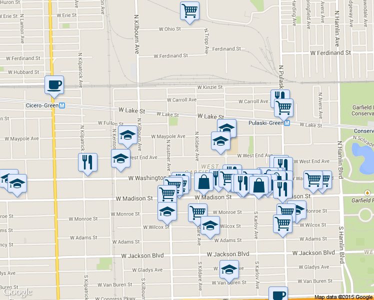 map of restaurants, bars, coffee shops, grocery stores, and more near 4309 West West End Avenue in Chicago