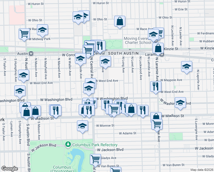 map of restaurants, bars, coffee shops, grocery stores, and more near 122 North Pine Avenue in Chicago