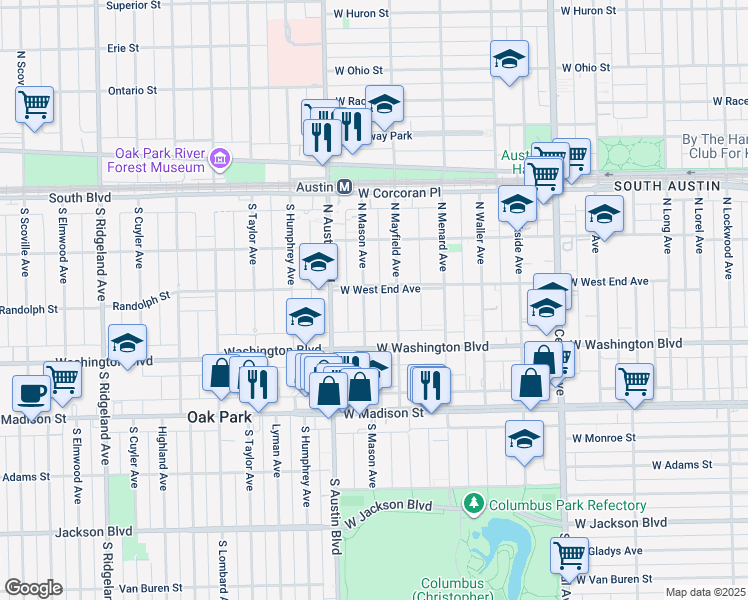 map of restaurants, bars, coffee shops, grocery stores, and more near 128 North Mayfield Avenue in Chicago