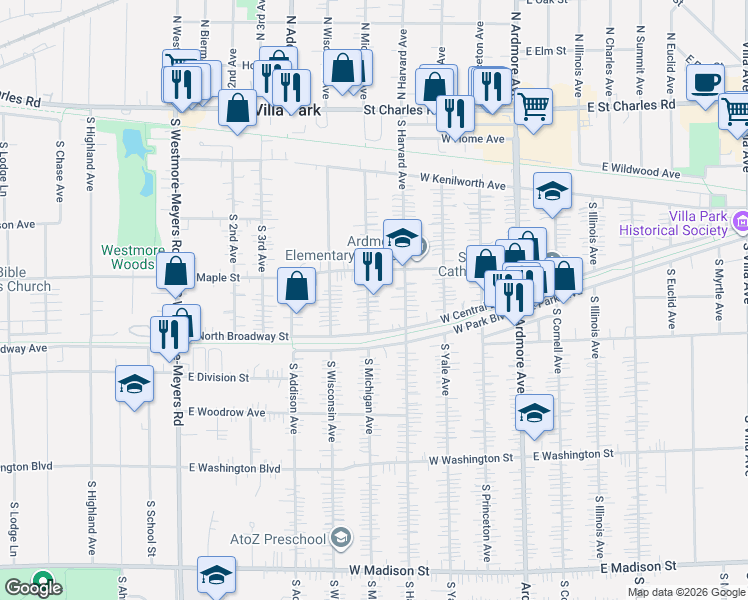 map of restaurants, bars, coffee shops, grocery stores, and more near 356 South Michigan Avenue in Villa Park