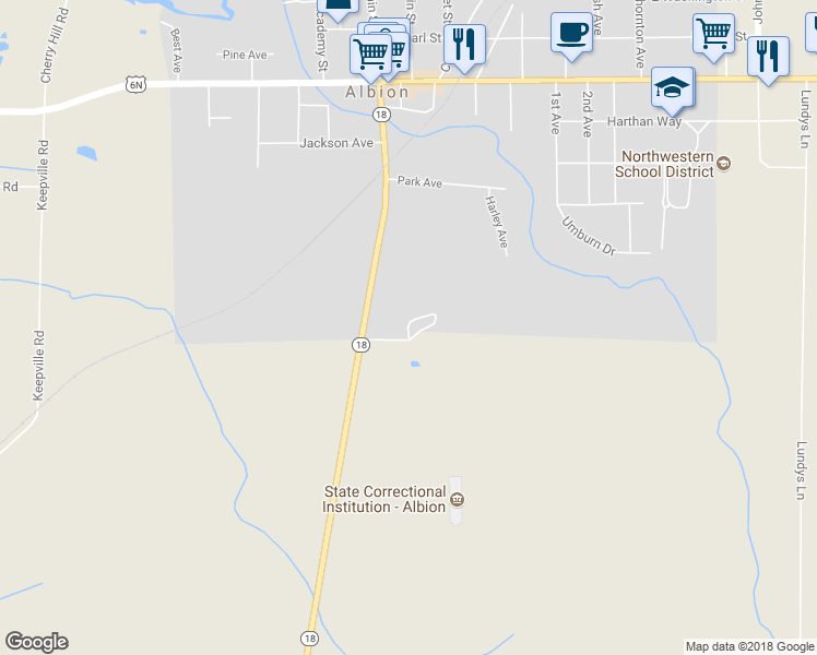 map of restaurants, bars, coffee shops, grocery stores, and more near Meadow Drive in Albion