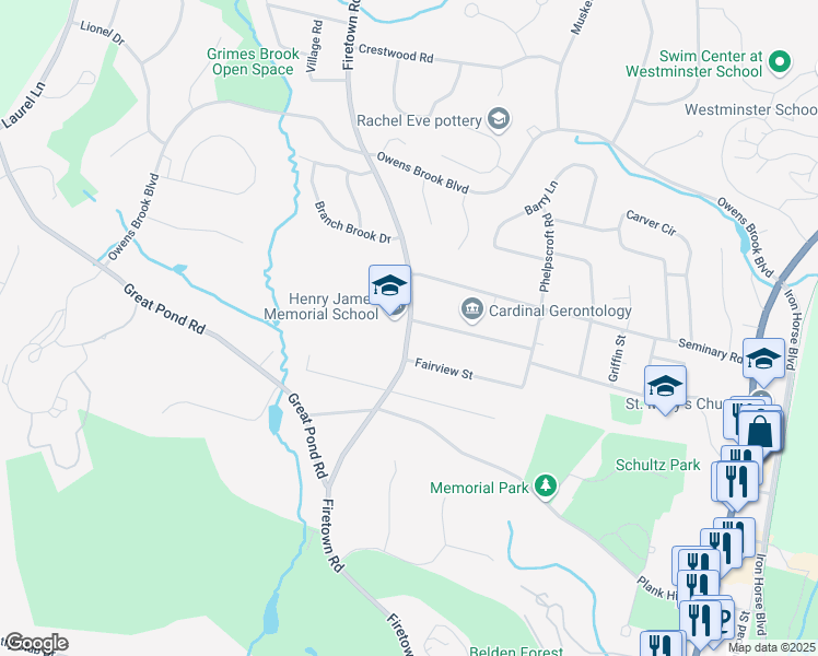map of restaurants, bars, coffee shops, grocery stores, and more near 155 Firetown Road in Simsbury