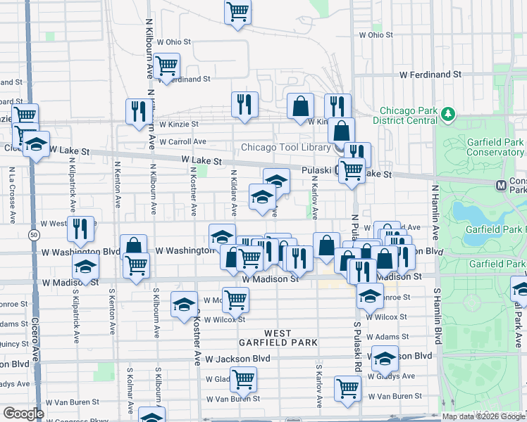 map of restaurants, bars, coffee shops, grocery stores, and more near 4216 West West End Avenue in Chicago
